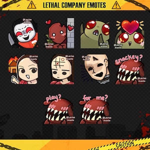May include: A set of nine digital emoticons featuring various characters with different expressions. The emoticons are in a cartoon style and include a character with a heart, a character with a house on fire, a character with a tic-tac-toe board on their head, a character with a creepy smile, a character with a mouth full of teeth, and a character with a mouth full of teeth saying "play?" and "for me?"