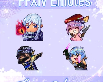 May include: A digital sticker set titled FFXIV Emotes featuring four chibi-style characters by Lacrius Avanite. The characters display various expressions and actions, including holding a glowing heart, a knife, dabbing, and waving light sticks.