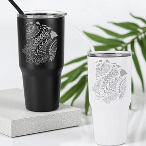 Hawaiian Tribal Tumbler with Plumeria & Hawaiian Islands – Laser Engraved | 30oz | 40oz | Black | White | Polynesia | Kanaka | HI