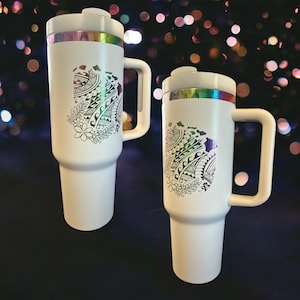40oz Engraved Tumbler | Hawaiian Polynesian Tattoo Tribal Style | Stanley Style | Black White Rainbow | Plumeria Pua | Hawaiian Islands