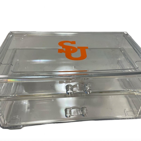 5.5" x 9.5" clear college acrylic makeup / jewelry box with 2 drawers