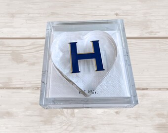 Personalized Acrylic 6" x 6" cocktail Napkin Holder with Monogram Heart Weight