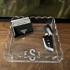 8” x 8” personalized acrylic scalloped edge tray with magnetic mat which is perfect for photos- classic monogram