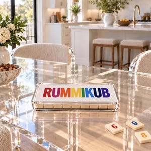 May include: A clear acrylic Rummikub game box with the word RUMMIKUB printed in multicolored letters on the lid. The box contains white tiles and sits on a glass table, with two loose numbered tiles resting nearby on the surface.