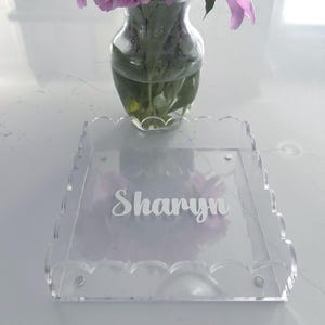8” x 8” personalized acrylic scalloped edge tray with magnetic mat which is perfect for photos
