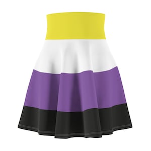 May include: A yellow, white, purple, and black skater skirt with a flared silhouette. The skirt is designed with horizontal stripes in the colors of the non-binary pride flag.