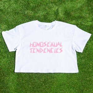 May include: White cropped t-shirt with pink text that reads "HOMOSEXUAL TENDENCIES" in a stylized font.