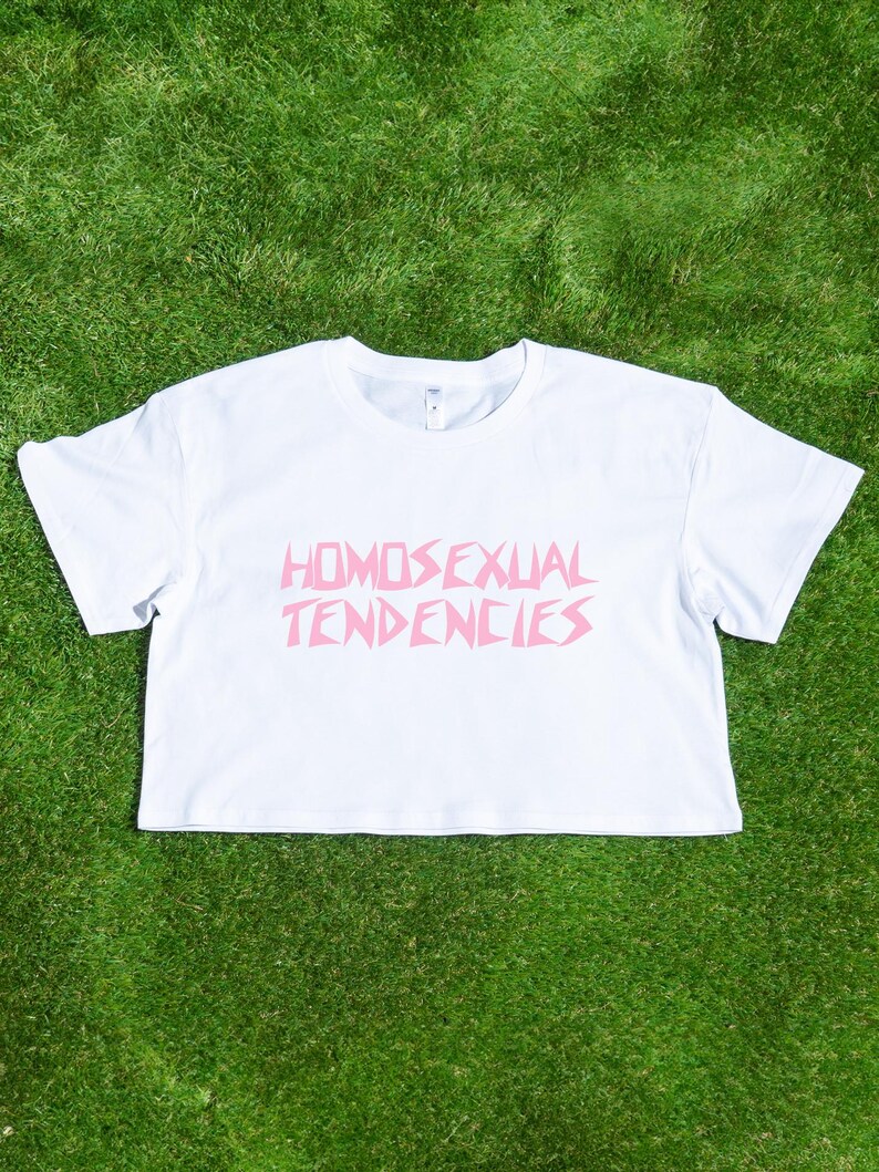 May include: White cropped t-shirt with pink text that reads "HOMOSEXUAL TENDENCIES" in a stylized font.