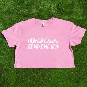 May include: Pink cropped t-shirt with the text "HOMOSEXUAL TENDENCIES" printed in white.