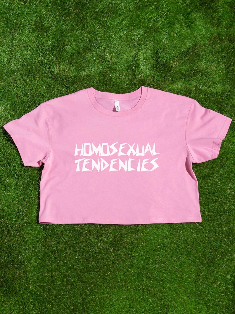 May include: Pink cropped t-shirt with the text "HOMOSEXUAL TENDENCIES" printed in white.