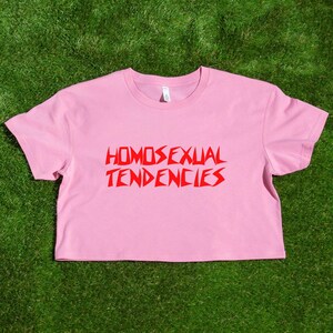 May include: Pink cropped t-shirt with the text "HOMOSEXUAL TENDENCIES" in red, stylized lettering.