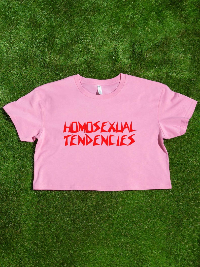 May include: Pink cropped t-shirt with the text "HOMOSEXUAL TENDENCIES" in red, stylized lettering.