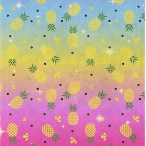 May include: A colorful textile featuring a repeating pattern of yellow pineapples with green leaves on a gradient background. The background transitions from blue to yellow to pink, with black dots and starbursts.
