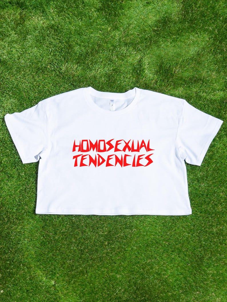 May include: White cropped t-shirt with red text that reads "HOMOSEXUAL TENDENCIES" in a jagged font.