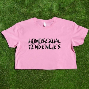 May include: Pink cropped t-shirt with black text that reads "HOMOSEXUAL TENDENCIES".