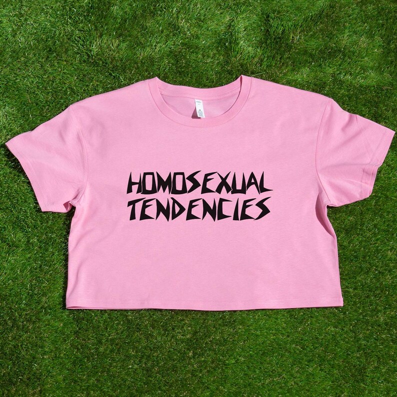 May include: Pink cropped t-shirt with black text that reads "HOMOSEXUAL TENDENCIES".