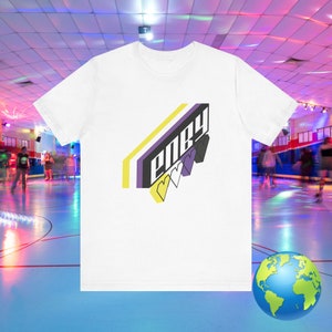 May include: White t-shirt with a graphic of the word "Enby" in a 3D style with yellow, purple, and white stripes and hearts. The graphic is on the left side of the shirt.