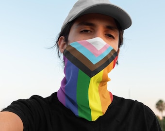 Polaina de pescoço Progress Pride Rainbow: cachecol tubular LGBTQ com máscara facial