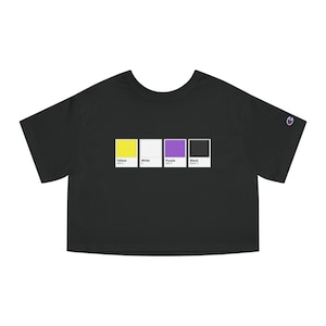 Puede incluir: Camiseta negra recortada con un gráfico de cuatro muestras de color: amarillo, blanco, morado y negro. El texto debajo de cada muestra dice "Amarillo", "Blanco", "Morado" y "Negro".