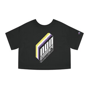 May include: Black cropped t-shirt with a white graphic of a 3D design with the words "Non-Binary Liberation" and the colors yellow, purple, and white.