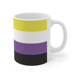 May include: White ceramic mug featuring a yellow, white, purple and black striped design. The stripes represent the non-binary pride flag.