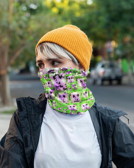 Anti-Facial Recognition Neck Gaiter – purple and green printed Protest Face Cover