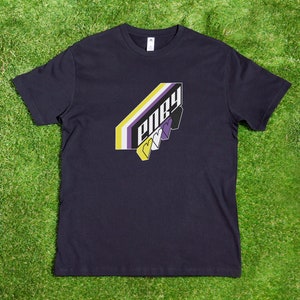 May include: A dark blue t-shirt featuring a graphic of a yellow, white and purple striped design with the word "enby" in white letters and three hearts in the centre.