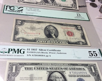 Graded US Currency Notes Collection – 1957 Silver Certificate EPQ, 1953 2 Dollar Bill, 1969 1 Dollar Bill