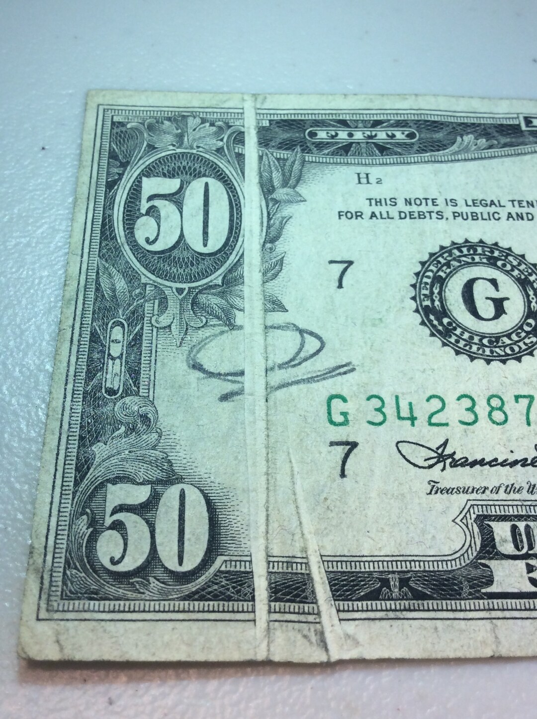 Major Error Two Gutter Fold Errors on One Note- 50 Dollars 1974 Federal ...