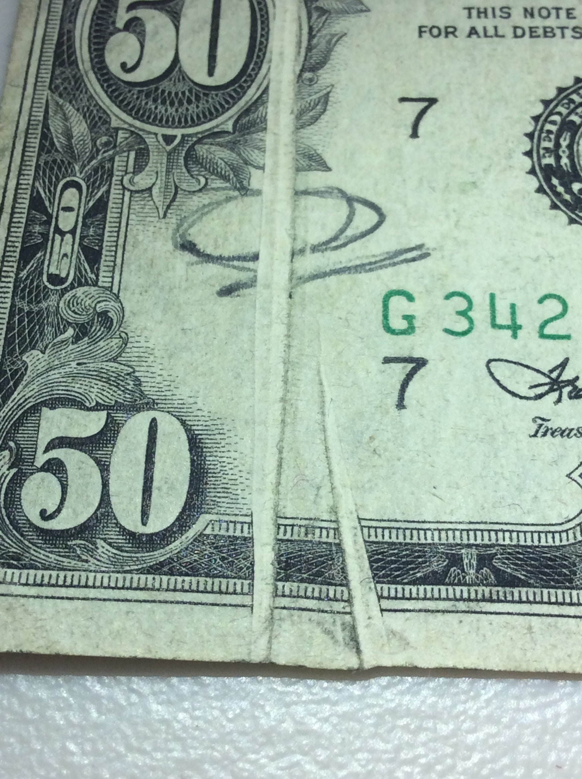 Major Error Two Gutter Fold Errors on One Note- 50 Dollars 1974 Federal ...