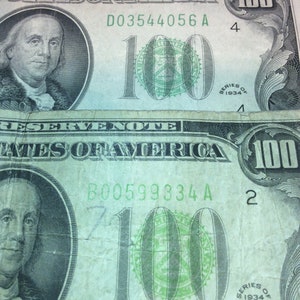 Rare Light Green Treasury Seal and Serial Numbers Scarce Variety Old 1934 One Hundred Dollars Note