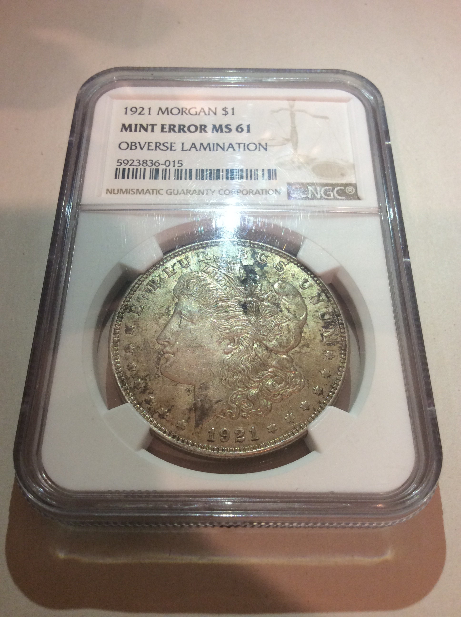 Scarce Mint Error Obverse Lamination MS61 1921 Morgan Silver