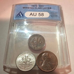 Rare Copper Color Dime NO Clad Layer ANACS Error Coin- Error Dime With Color Of A Penny- Missing Clad Layer On Surface- Tough Mint Error