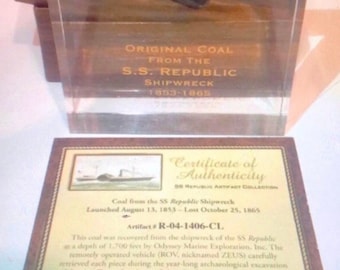 Rare 1865 Republic Ship Shipwrecked In The Atlantic Ocean- Original Artifact- Shipwreck Coal Piece & COA