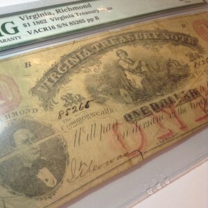 Rare Gutter Fold Error Early 1862 One Dollar Virginia Treasury Note- PMG Graded Fine 15- Crazy Significant Gutter Fold Error