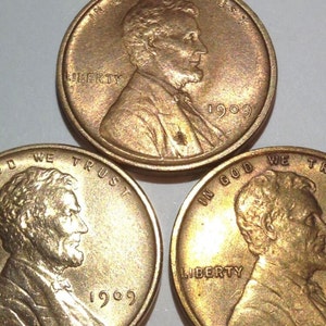 Three 3 Mint State 1909 VDB Wheat Pennies Set- Full Red Color & Strong Strikes- Exceptional High Grade Coins- Full Red Beautiful MS Coins