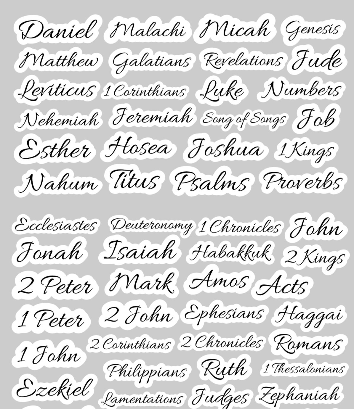 LOVE, FAITH, HOPE Added Clear Bible Book Name Stickers