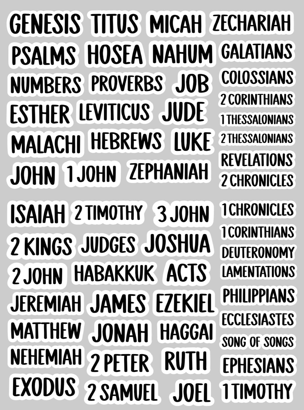 Clear Bible Book Name Stickers- Smaller Stickers (sizes