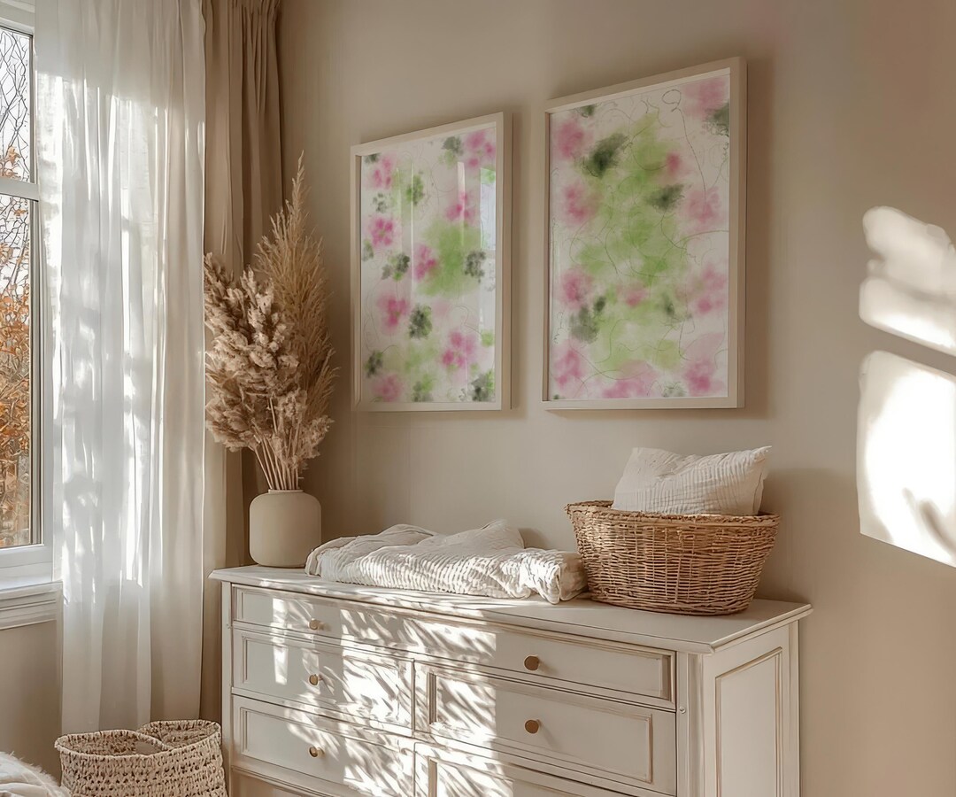 Abstract Floral Wall Art Set: Pink Green Watercolor Prints (digital ...