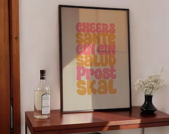 Impression de typographie Retro Cheers : art de chariot de bar rose et orange (téléchargement numérique)