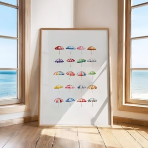 レトロな夏の傘コレクションのウォールアート、水彩画のバケーションシーズンのデジタルプリント、鮮やかなサンシェードボードの印刷物、トレンディなトロピカルな装飾
