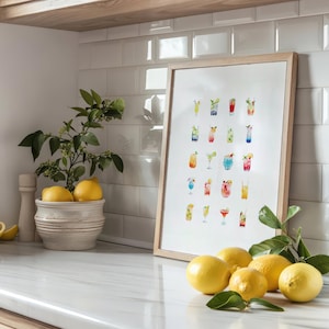 レトロな夏のドリンクコレクションのウォールアート、水彩トロピカルデジタルプリント、鮮やかな飲料ボードの印刷物、トレンディな酒のバンドルの壁掛け