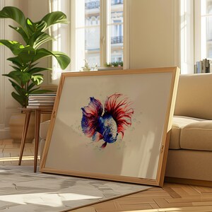 モダンなシャム闘魚の壁アート、現代的な海洋生物のデジタルプリント、青い抽象的な印刷物、トレンディなイラストの壁掛け