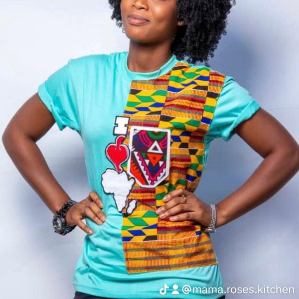 Turquoise I Heart Africa Kente Fabric Ghanaian Adinkra Symbol tee shirt top