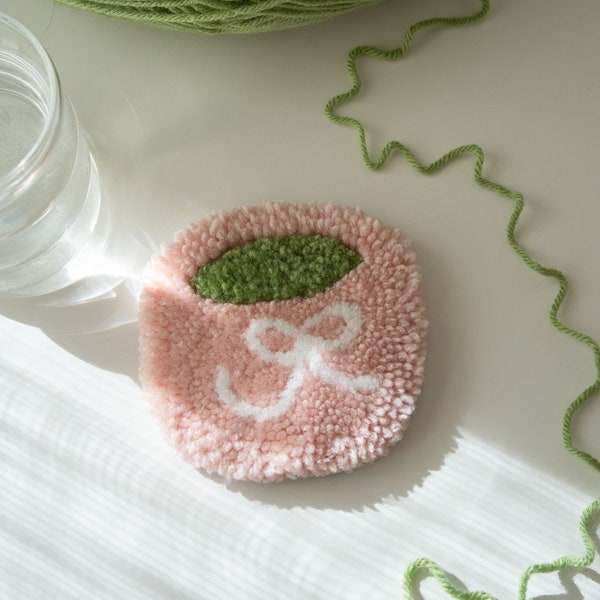 Matcha Coaster, Bow Coaster, Mug Rug, Punch Needle, Jewelry Holder, Cute coaster, Gift for friends, Trinket Dish, Coquette Aesthetic