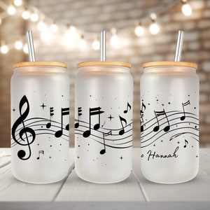 music sheet tumbler with bamboo lid custom iced coffee cup personalized music teacher gift for music student glass cup with violin cipher