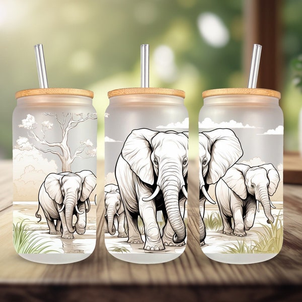 elephant tumbler bamboo lid personalized iced coffee cup with elephant family design drinkware sublimated wild elephant gift idea for friend