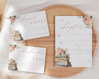 Storybook Baby Shower Invitation Suite | Diaper Raffle | Thank You Card | Books For Baby | Floral Book Theme | Digital Download | C015