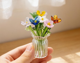 Handgemaakte glazen geboortebloem, mini glazen bloemboeket, handgemaakt glazen beeldje, Moederdagcadeau, woondecoratie, kristalheldere bloemsierkunst