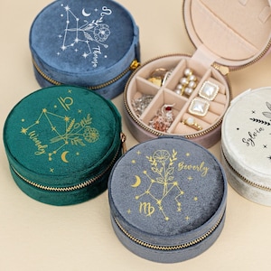 Portagioie personalizzato con fiori di nascita, portagioie con segno zodiacale floreale, portagioie da viaggio in velluto, portagioie personalizzato per damigelle d'onore, matrimonio